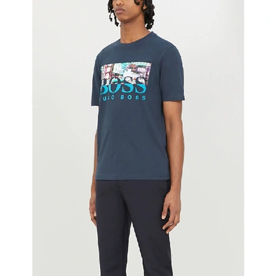 Shop Hugo Boss Graphic-print Cotton-jersey T-shirt In Dark Blue