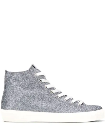 Shop Leather Crown Glitter Hi-top Sneakers In Silver