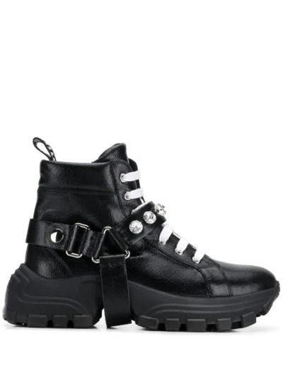 Shop Miu Miu Embellished Strap High-top Sneakers In Black