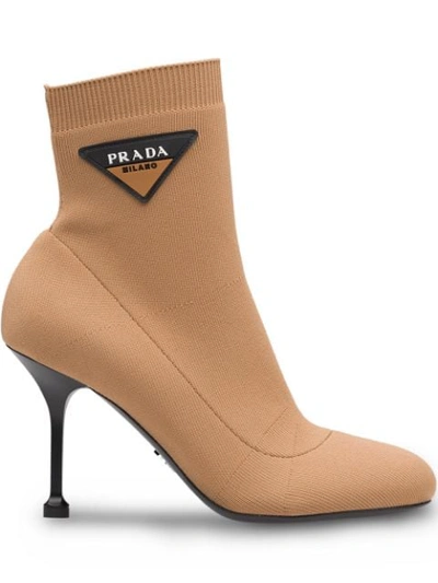 Shop Prada Stretch Fabric Booties In Brown
