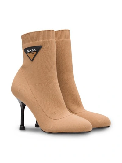 Shop Prada Stretch Fabric Booties In Brown