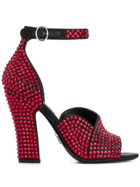Prada Crystal Embellished 105mm Sandals In Rubino Modesens