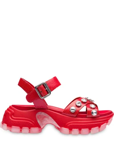 Shop Miu Miu Embellished Platform Sandals In Red
