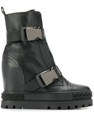 Shop Casadei Buckled Wedge Boots In Black