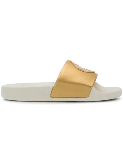 Shop Tory Burch Logo Medallion Slides In Metallic