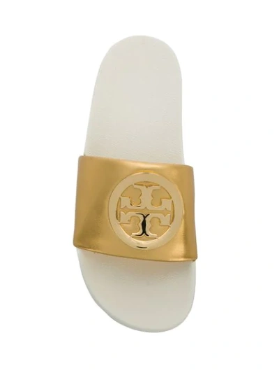 Shop Tory Burch Logo Medallion Slides In Metallic