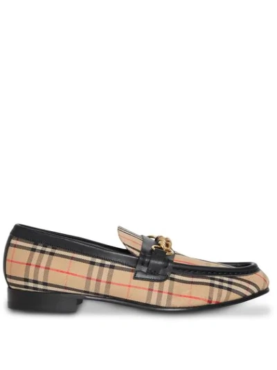 Shop Burberry Moorley Chain Detail Fabric Loafers - Brown