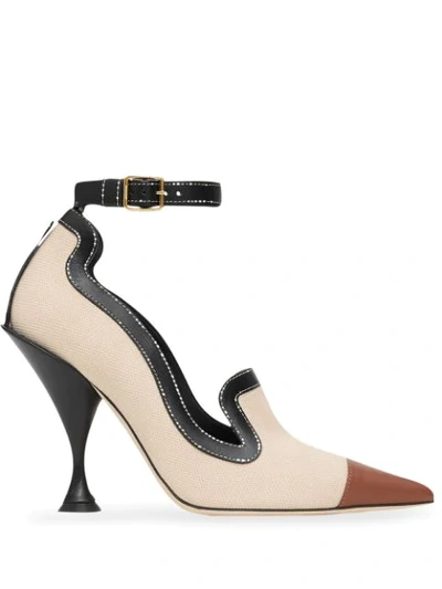 Shop Burberry Cotton Canvas And Leather Point-toe Pumps In Neutrals