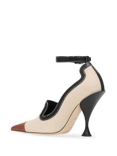 Shop Burberry Cotton Canvas And Leather Point-toe Pumps In Neutrals