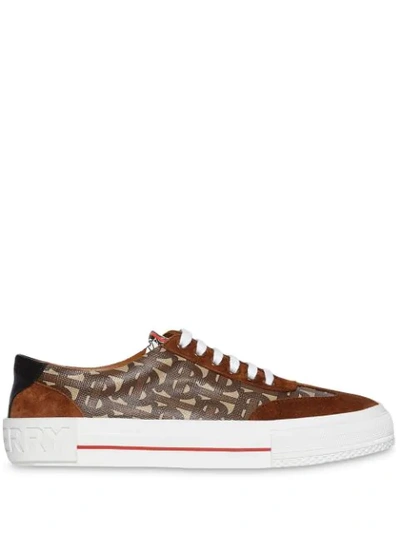 Shop Burberry Suede Detail Monogram Stripe Sneakers In Brown