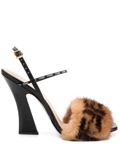 Shop Fendi Mink Fur Logo Sandals In Brown