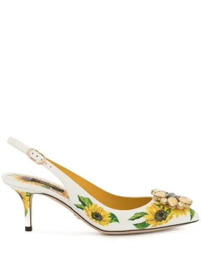 Shop Dolce & Gabbana Sunflower Print Slingback Pumps In White