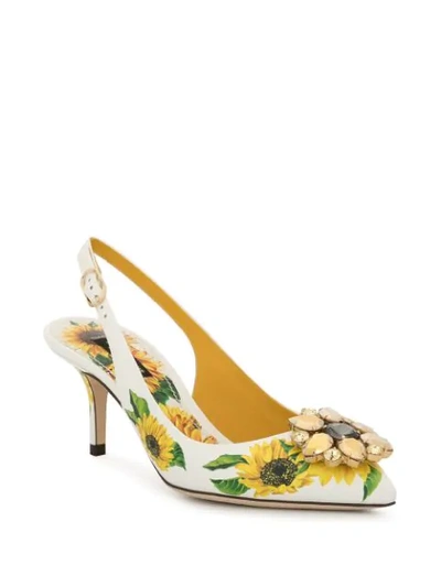 Shop Dolce & Gabbana Sunflower Print Slingback Pumps In White