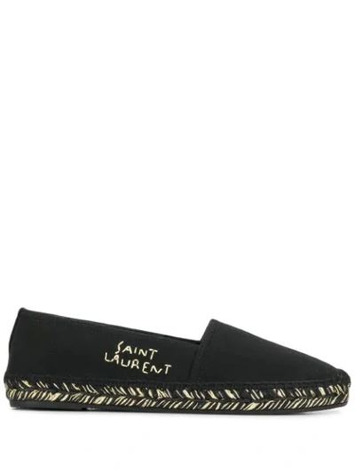 Shop Saint Laurent Gold-tone Stitched Logo Espadrilles In Black