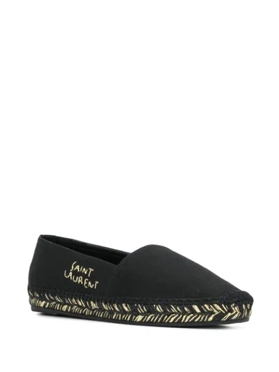 Shop Saint Laurent Gold-tone Stitched Logo Espadrilles In Black