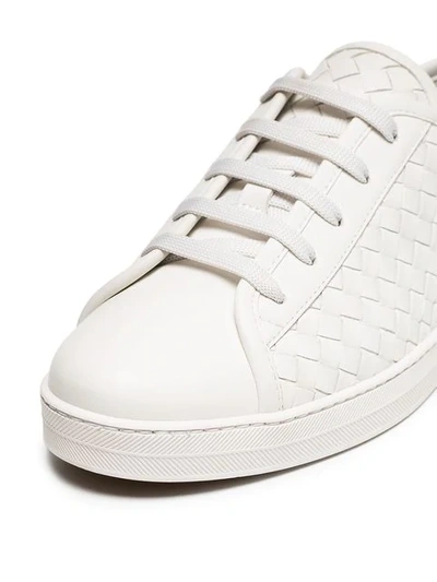 Shop Bottega Veneta Leather Woven Sneakers In 9000 White