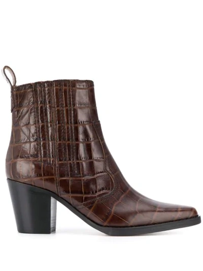 Shop Ganni Western Crocodile-effect Boots In Brown