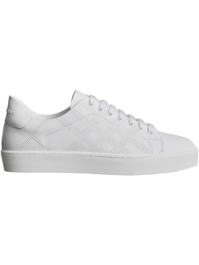 Shop Burberry Perforated Check Leather Sneakers In White