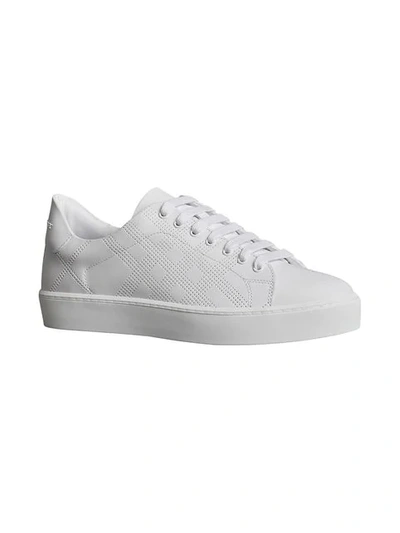 Shop Burberry Perforated Check Leather Sneakers In White