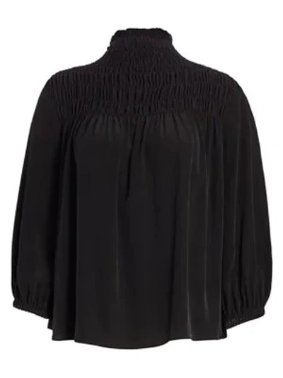 Shop Frame Women's Smocked Three-quarter Sleeve Silk Blouse In Noir