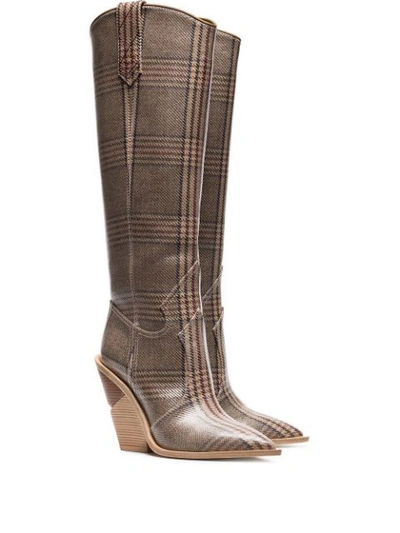 Shop Fendi Brown And Blue Cutwalk Check 100 Leather Boots