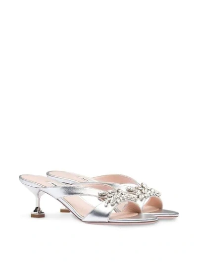 Shop Miu Miu Embellished Metallic Sandals In Silver