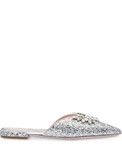 Miu Miu Embellished Glittered Mules In Silver