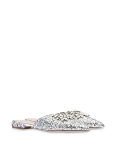 Miu Miu Embellished Glittered Mules In Silver