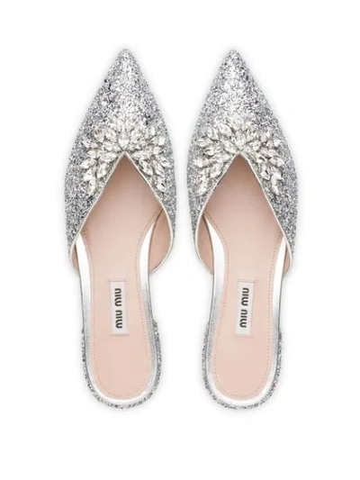 Miu Miu Embellished Glittered Mules In Silver
