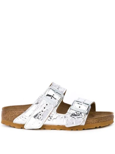 Shop Rick Owens Metallic Buckle Slides In Silver