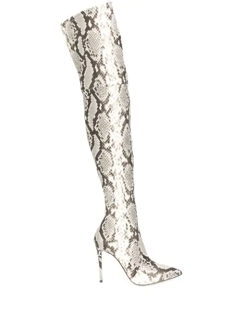 black and white snakeskin thigh high boots