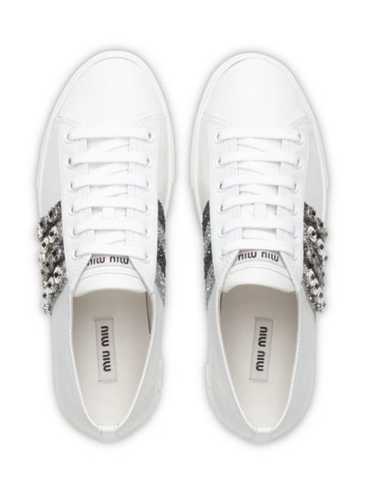 Shop Miu Miu Glitter Embellished Sneakers - White