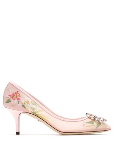 Shop Dolce & Gabbana Lily-print Pumps With Brooch Detail In Pink