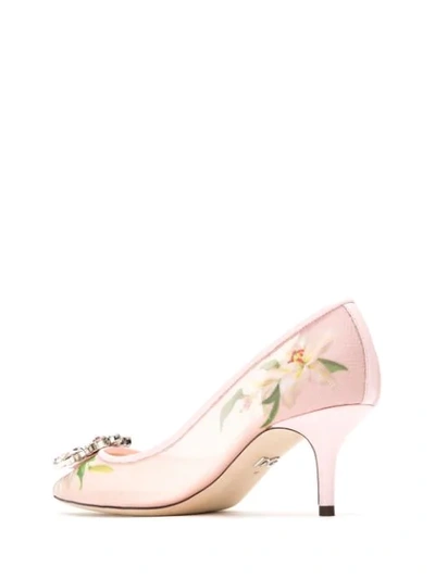 Shop Dolce & Gabbana Lily-print Pumps With Brooch Detail In Pink