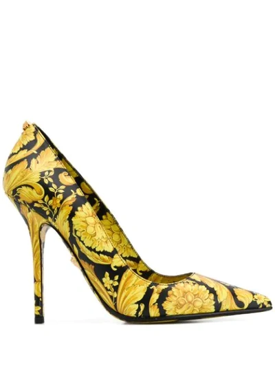 Shop Versace Barocco Print Pumps In Black ,yellow