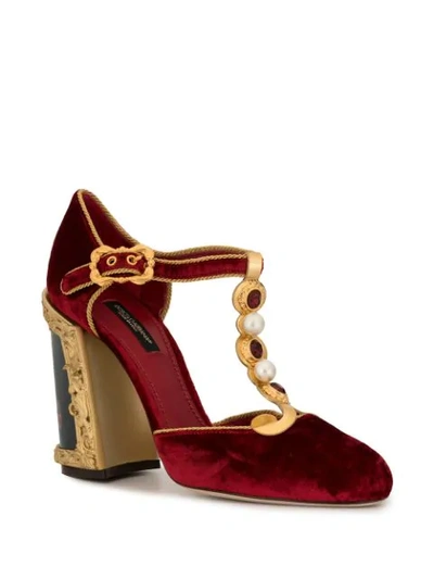 Shop Dolce & Gabbana Painted Heel T-strap Pumps In 89668 Red/gold