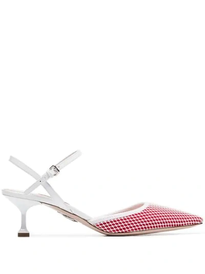 Shop Miu Miu Red And White 55 Mesh And Leather Ankle Strap Pumps