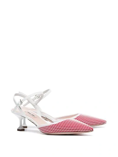 Shop Miu Miu Red And White 55 Mesh And Leather Ankle Strap Pumps