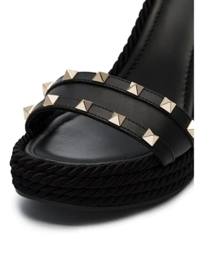 VALENTINO BLACK GARAVANI ROCKSTUD 120 ESPADRILLE WEDGE LEATHER SANDALS - 黑色