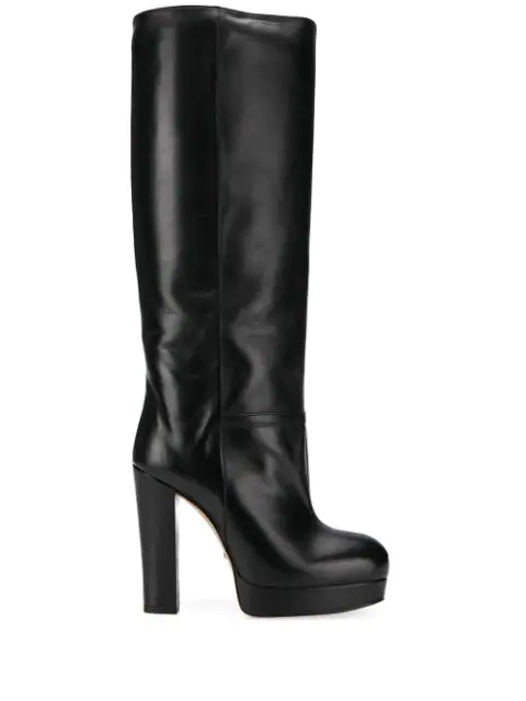 black leather platform knee high boots