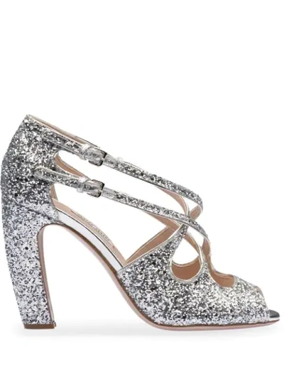 Shop Miu Miu Glittered 100mm Sandals In Silver