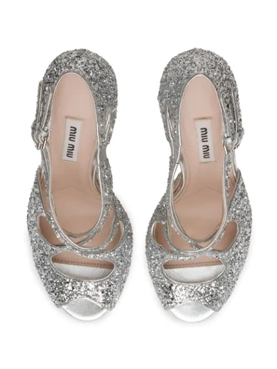 Shop Miu Miu Glittered 100mm Sandals In Silver