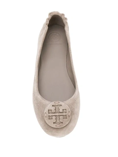 Shop Tory Burch Logo Buckle Ballerina Shoes In Grey