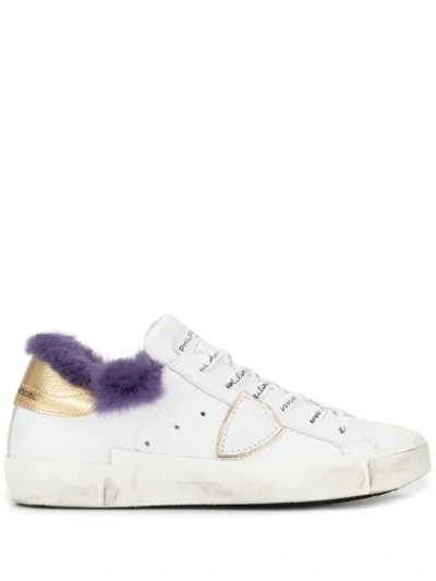 Shop Philippe Model Fur Trim Lace-up Sneakers In White