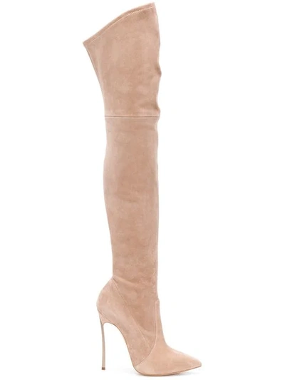 Shop Casadei Stiletto Thigh Length Boots In Neutrals
