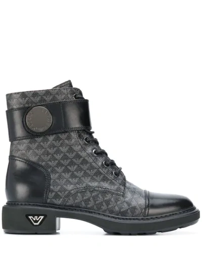 Shop Emporio Armani Logo Print Combat Boots In Black