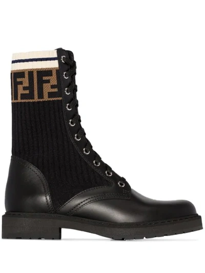 Shop Fendi Ff Motif Ribbed Knit Boots In Black