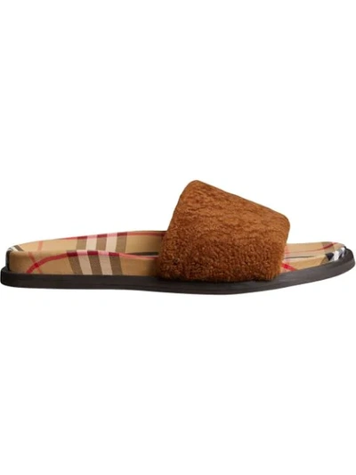 Shop Burberry Shearling And Vintage Check Slides In Brown