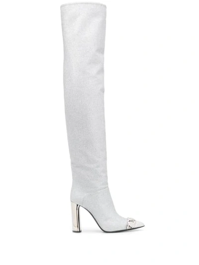 Shop Casadei Glitter Knee High Boots In Silver