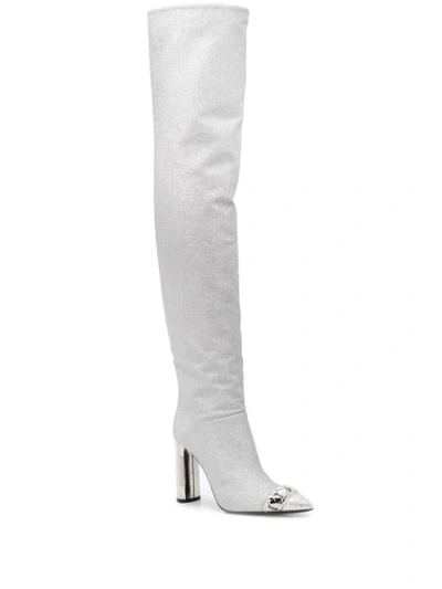 Shop Casadei Glitter Knee High Boots In Silver